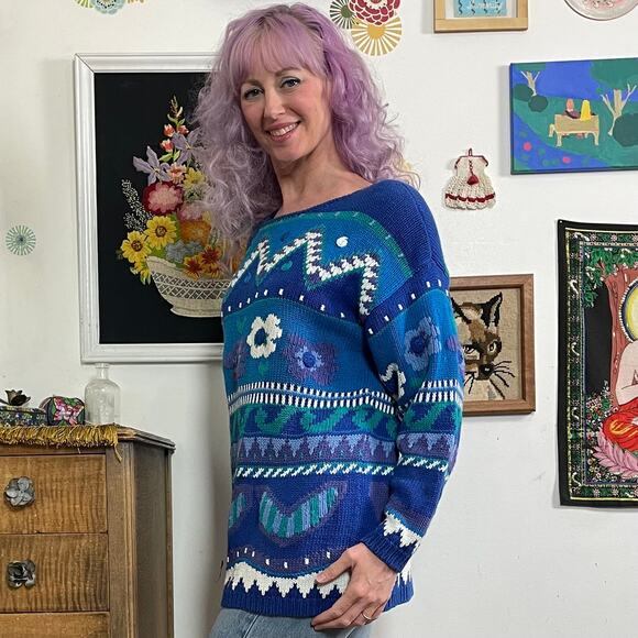 Vintage Blue Flower Graphic Sweater, 1990s Textured Cotton Floral Sweater Sz L - Picture 4 of 10